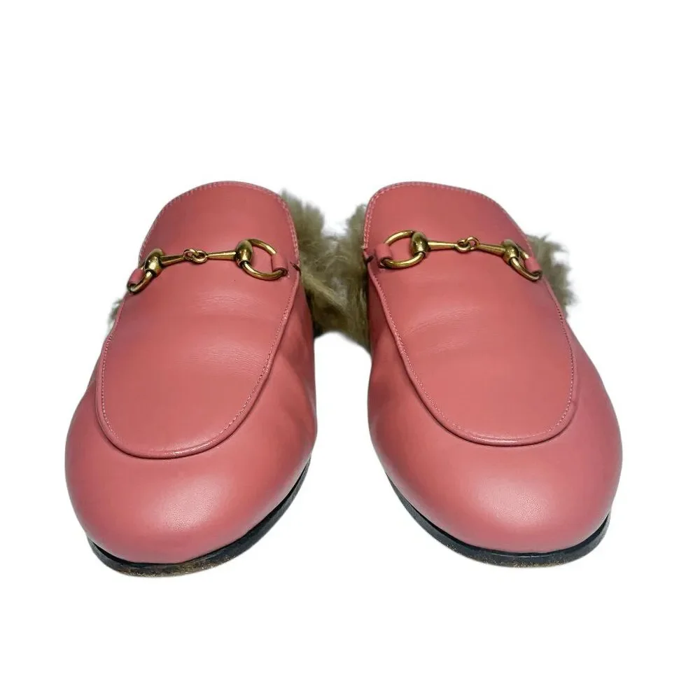 Gucci Princetown Horsebit Fur Mules EU 37 Lipstick Rose Leather Flat Slippers